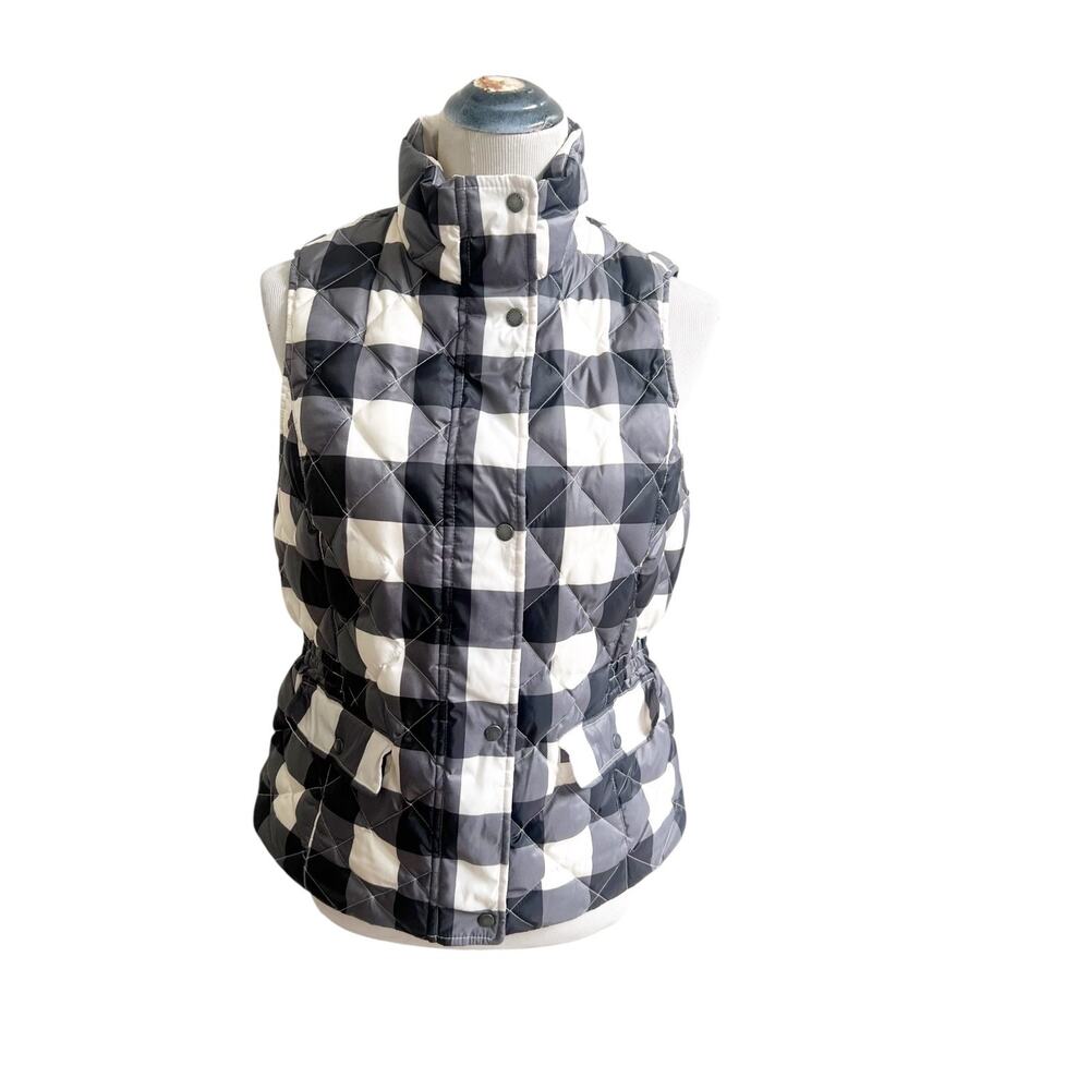 Talbots Quilted Vest Womens XS Black White Buffalo Plaid Sleeveless Down Feather
